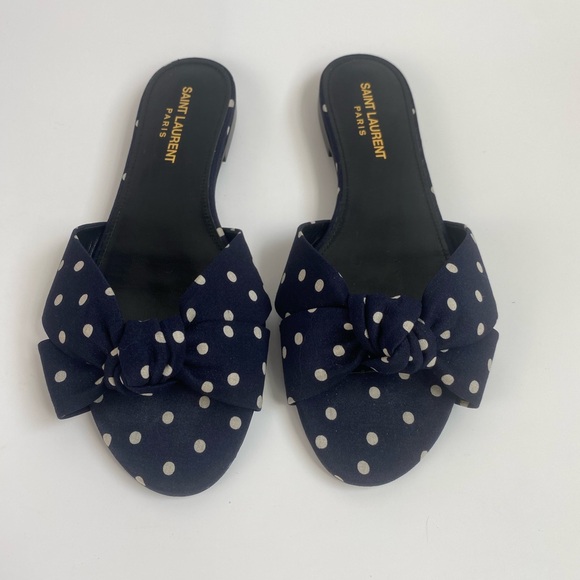 Saint Laurent Bianca Navy Knotted Polka-Dot Slides - Picture 2 of 7
